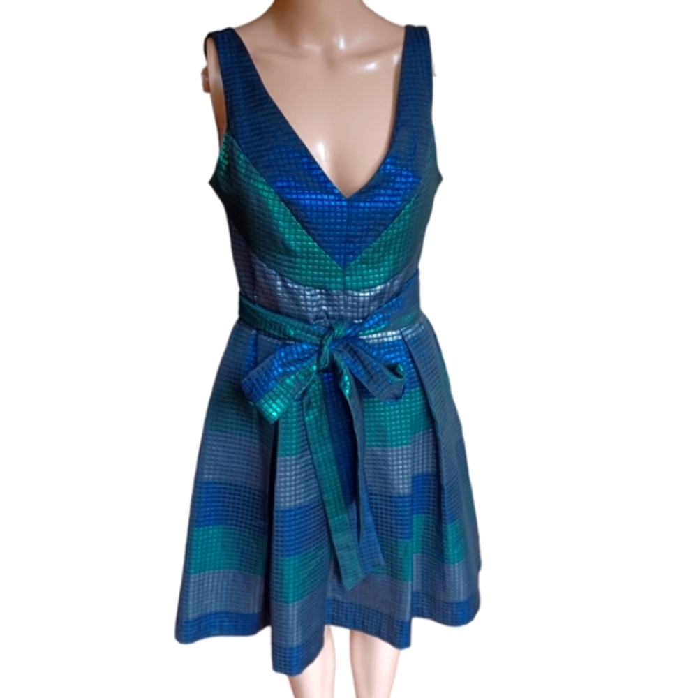 Eva EVA FRANCO Womens Sleeveless Multicolor Reflective Aline Dress Belted Size 6